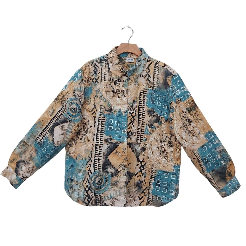 Chico's Shirt Womens XL Brown Faux Suede Southwest Art Metal Button Bohemian